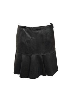 Polo Ralph Lauren Black Genuine Leather Flared Mini Skirt Sz 4 Godet Flounce Hem